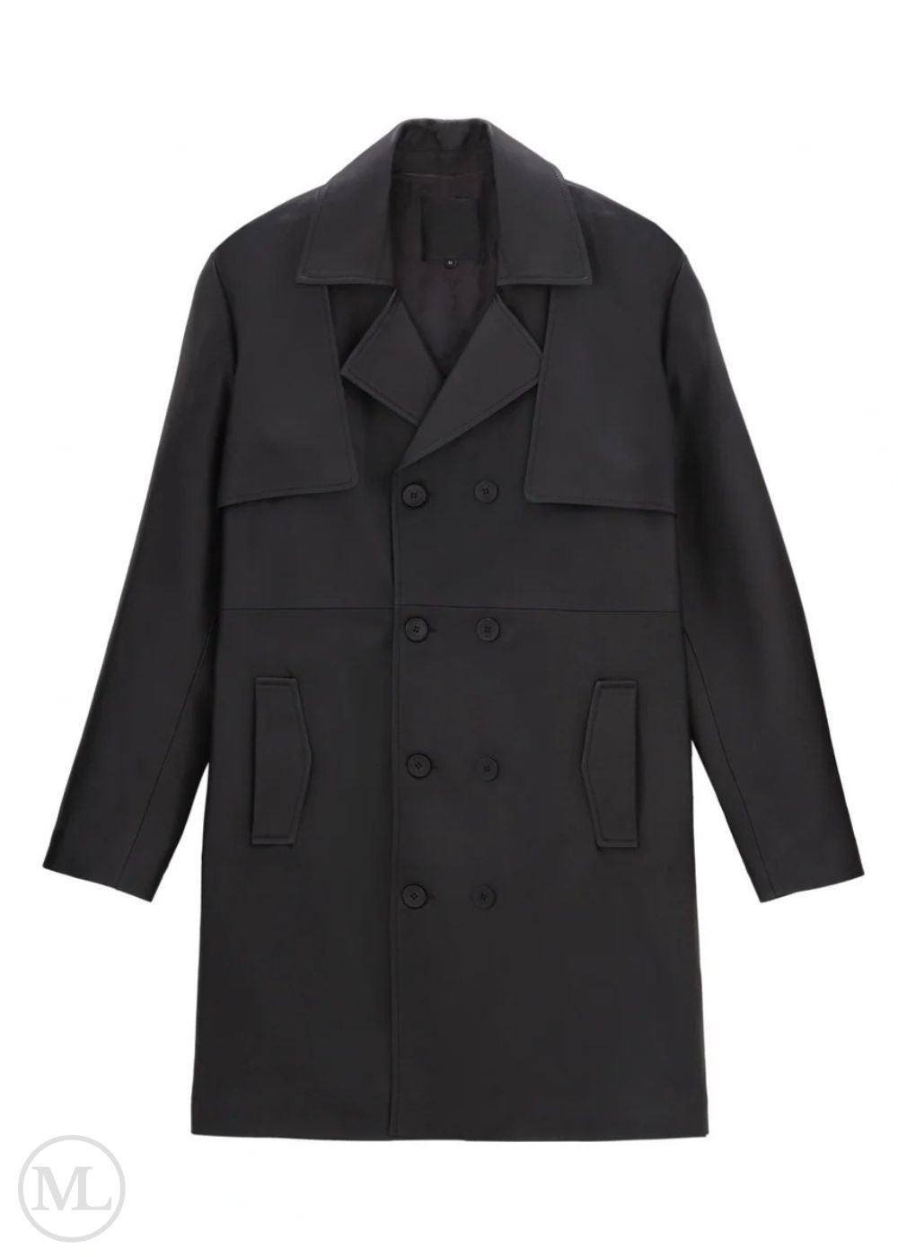 Black leather trench coat on a white background