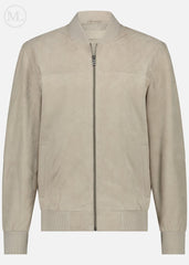 Ivory bomber suede jacket on a white background
