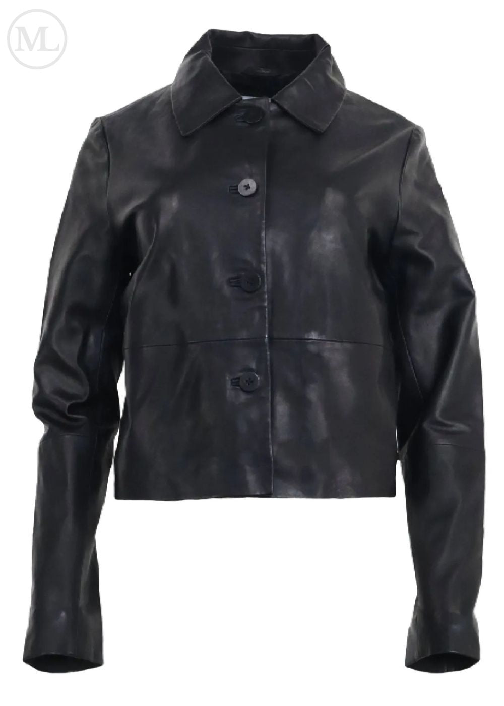 Black leather cropped jacket on a white background
