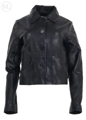 Black leather cropped jacket on a white background
