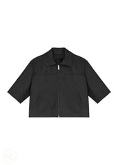 Kaia – Women’s Cropped Half-Sleeve Leather Jacket with Shirt Collar - Black - white bg