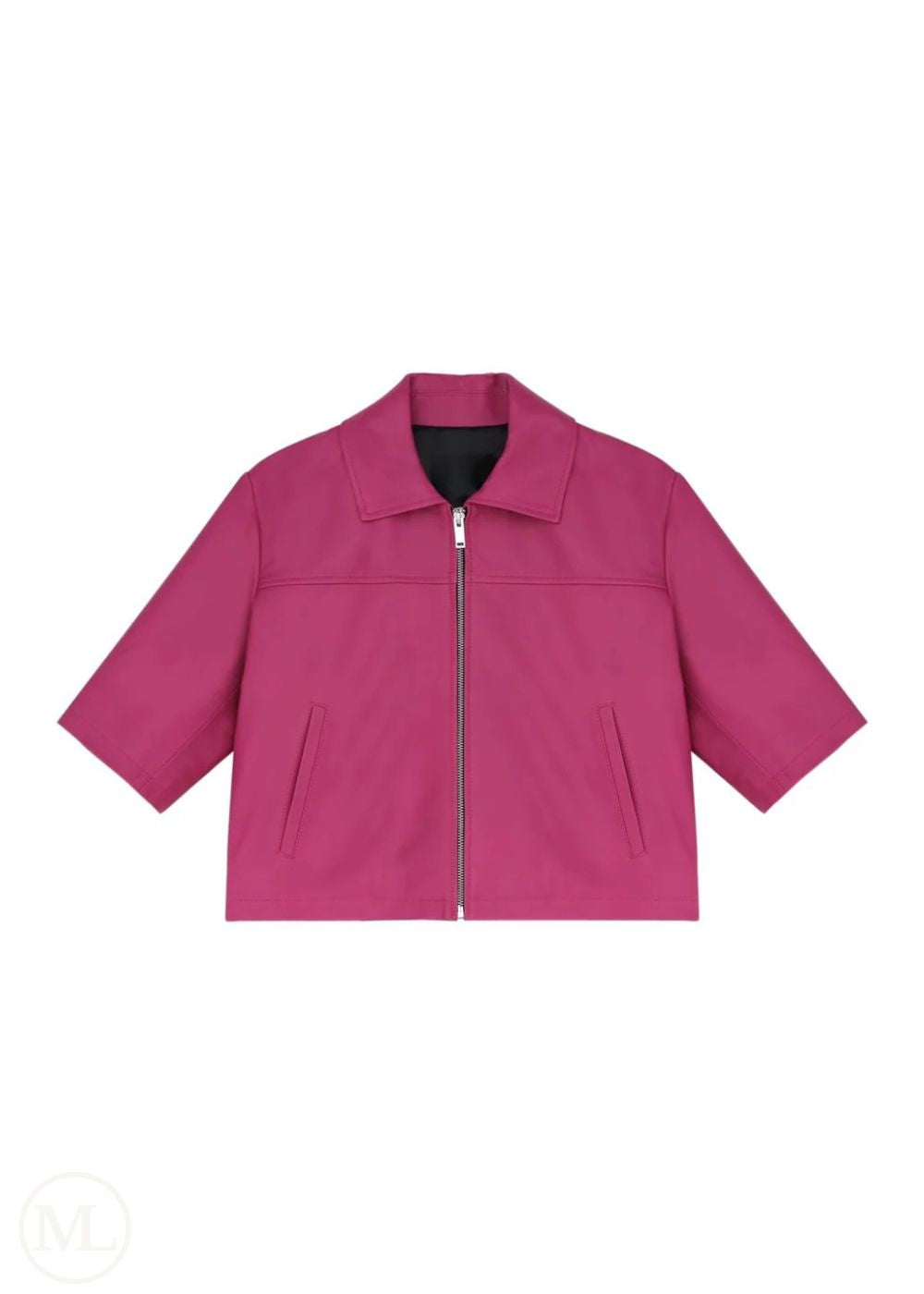 Kaia – Women’s Cropped Half-Sleeve Leather Jacket with Shirt Collar - Fuchsia - white bg