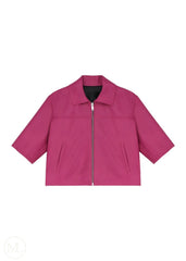 Kaia – Women’s Cropped Half-Sleeve Leather Jacket with Shirt Collar - Fuchsia - white bg