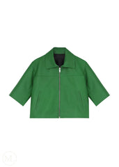 Kaia – Women’s Cropped Half-Sleeve Leather Jacket with Shirt Collar - Green - white bg