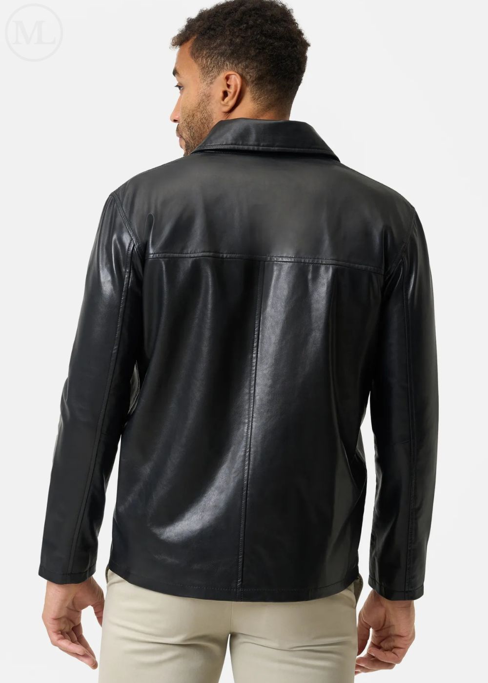 Man wearing a black leather coat on a white background