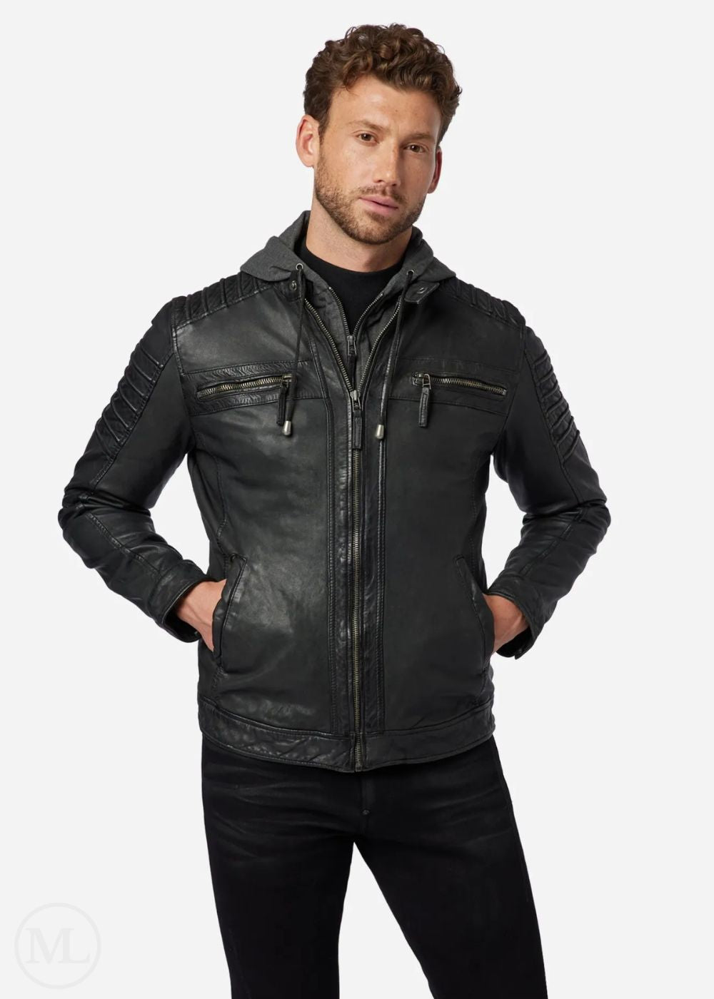 Man wearing a black leather jacket on a white background