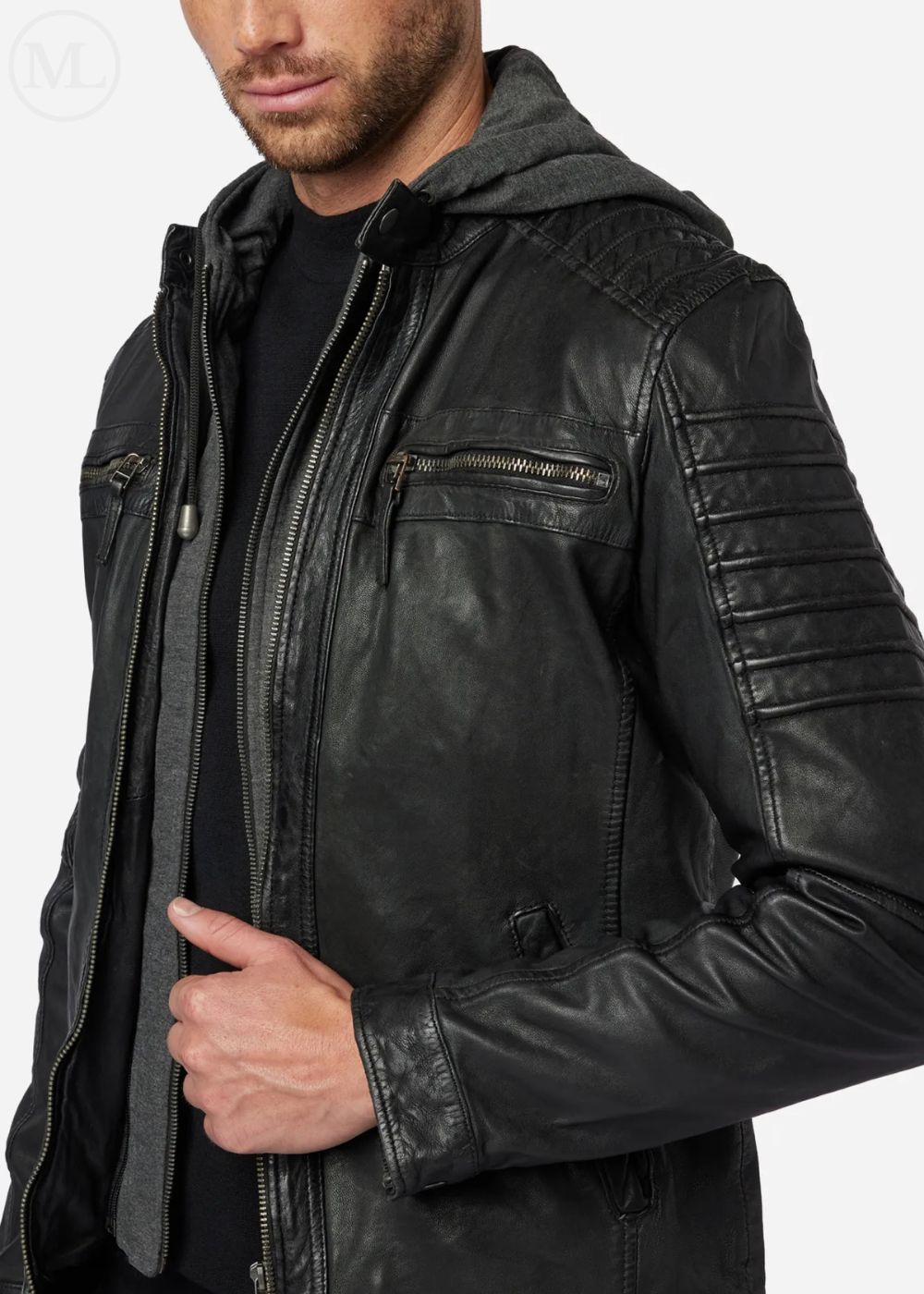 Black leather jacket with a hood on a white background