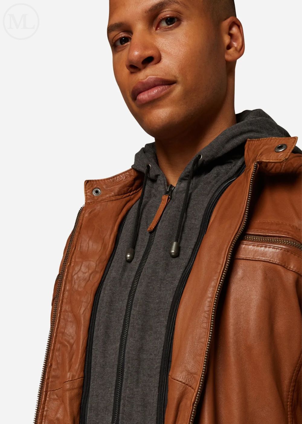 Man wearing a cognac brown leather jacket over a gray hoodie on a white background