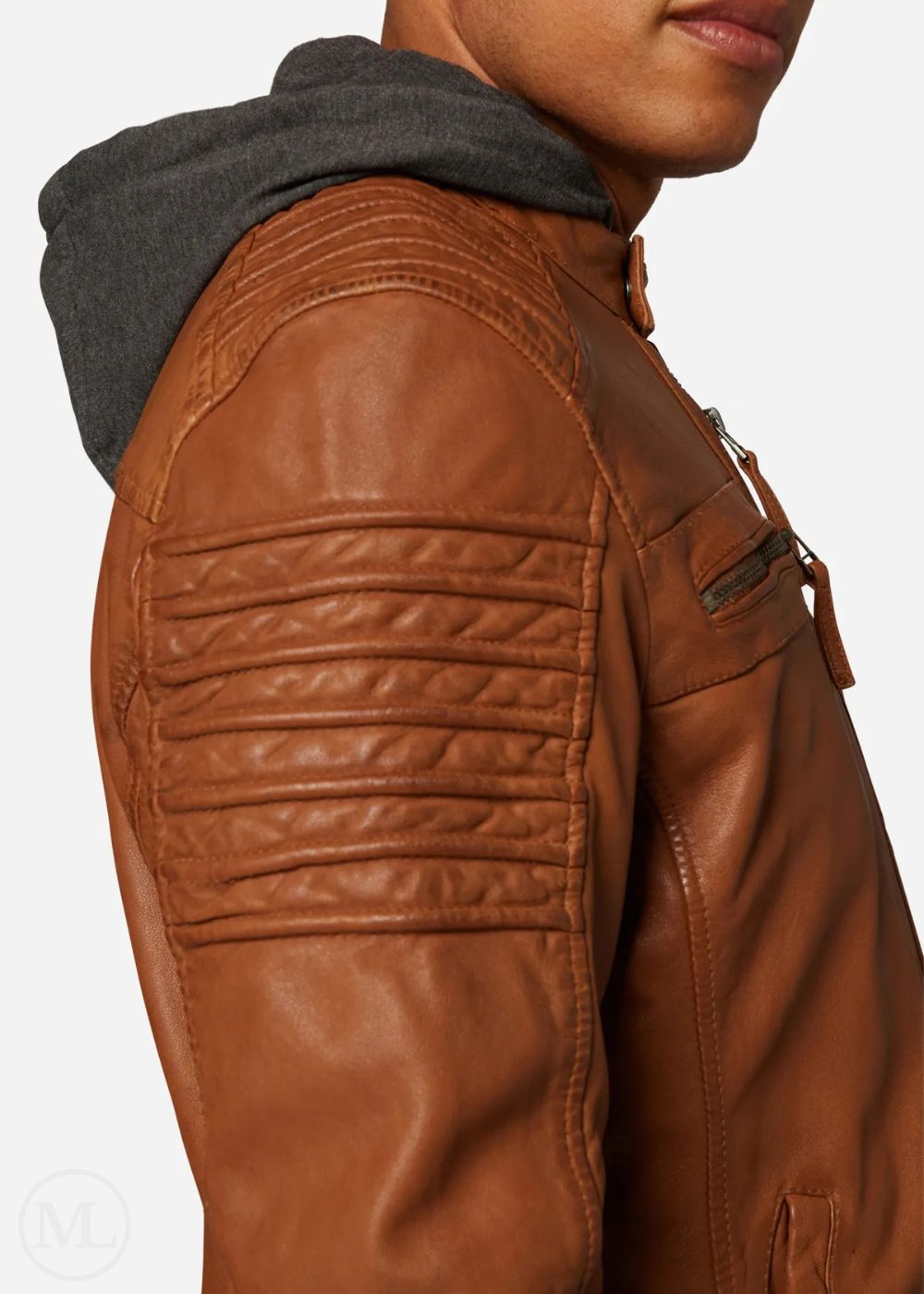 Cognac Brown leather jacket worn by a man on a white background