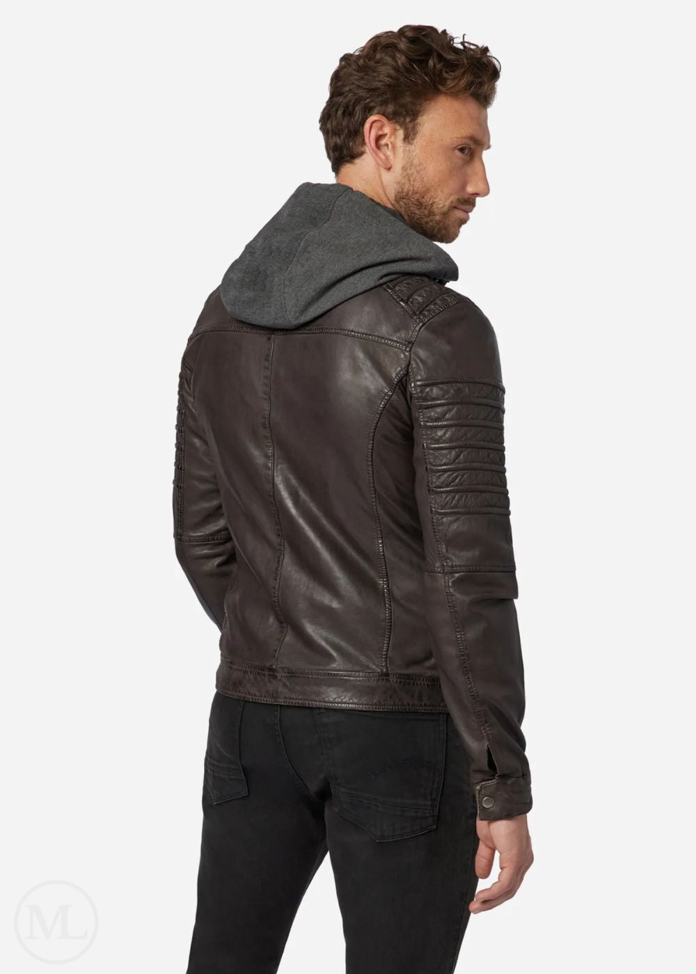 Man wearing a dark brown leather jacket with a gray hood on a white background