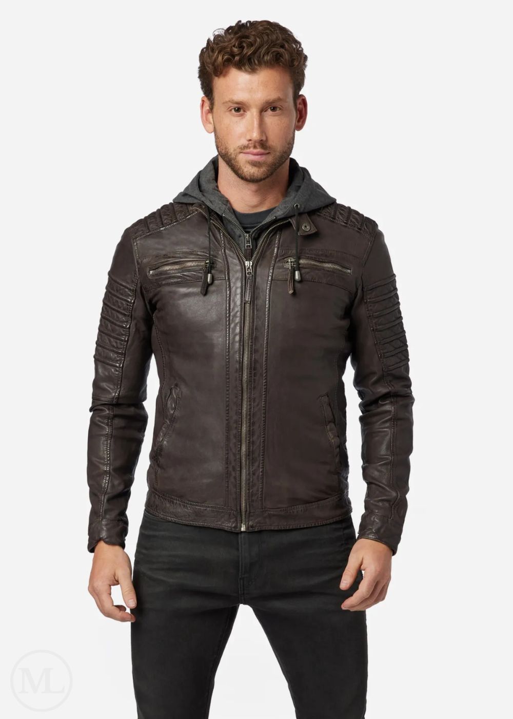 Man wearing a dark brown leather jacket on a white background