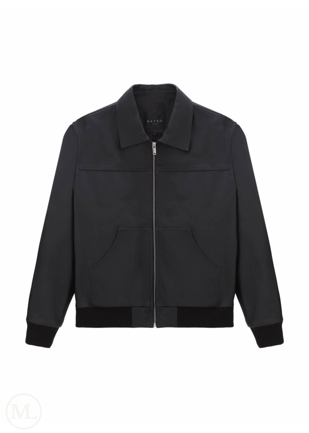 Black leather bomber jacket with shirt collar on a white background