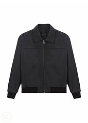 Black leather bomber jacket with shirt collar on a white background