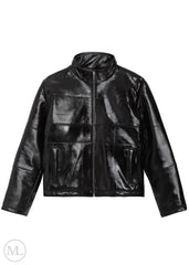 Black leather Puffer jacket on a white background