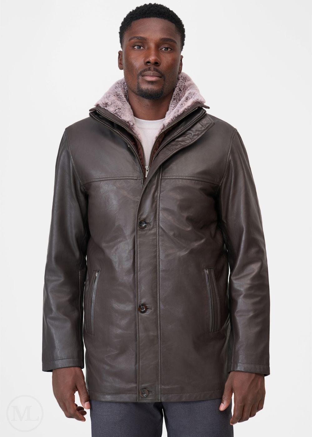 Man wearing a brown leather coat with a fur-lined hood on a white background