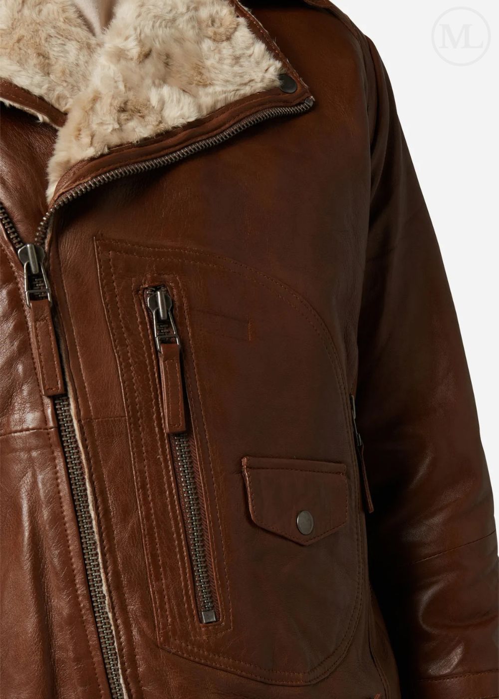 Cognac Brown leather jacket with fur lining worn by a man on a white background 