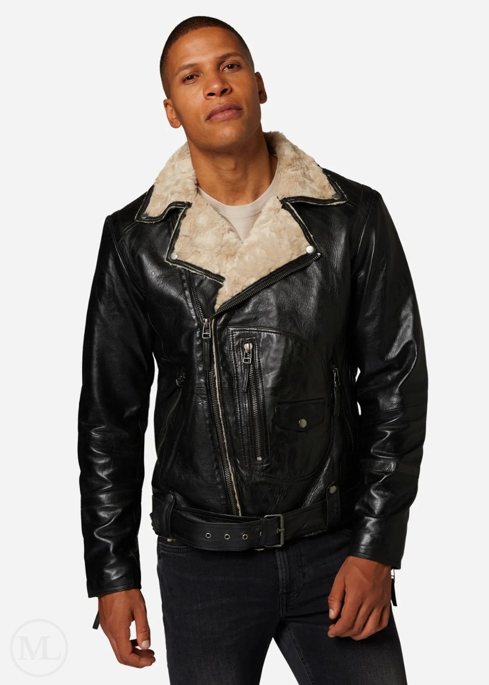 Man wearing a black leather jacket with a shearling collar on a white background