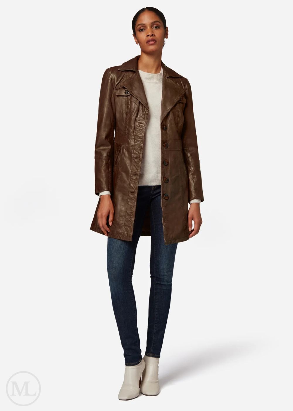 Woman wearing a  dark brown leather coat on a white background