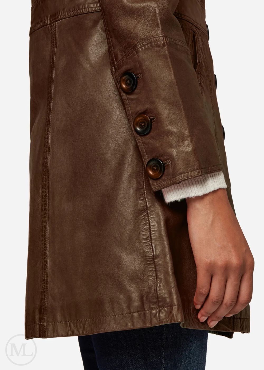 Brown leather coat with buttons on a white background
