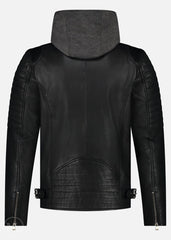 Black leather Motorcycle jacket with a hood on a white background