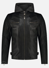 Black leather Motorcycle jacket with a hood on a white background