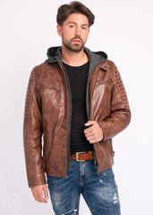 Man wearing a brown leather Motorcycle jacket with a hood on a white background