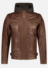 Brown leather Motorcycle jacket with a hood on a white background