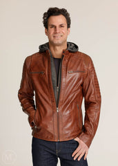 Man wearing a brown leather Motorcycle jacket with a hood on a plain background