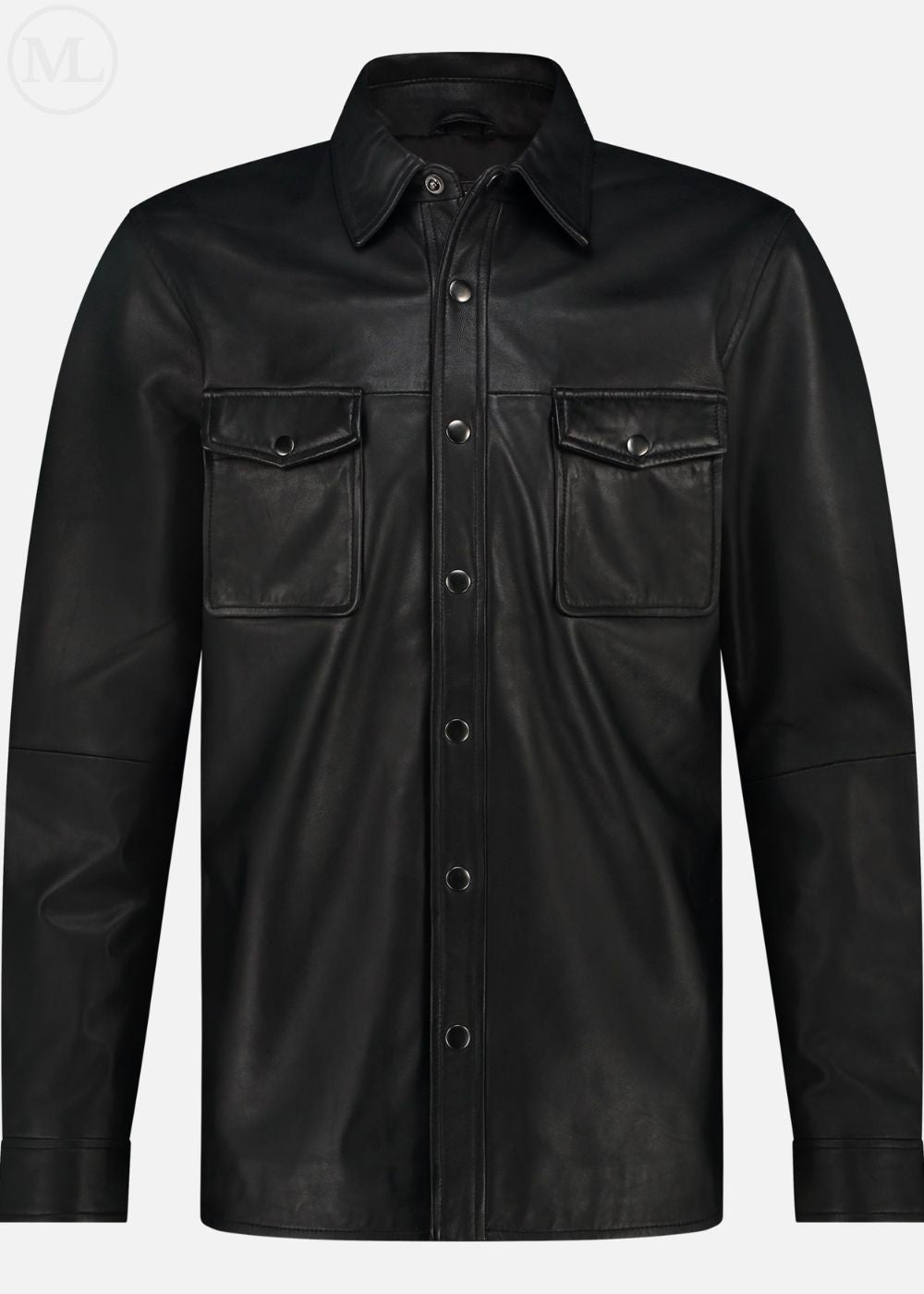 Black leather jacket with button details on a white background