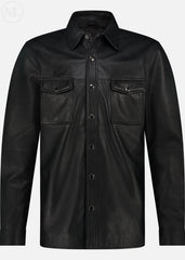 Black leather jacket with button details on a white background