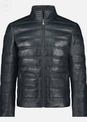 Navy leather jacket on a white background