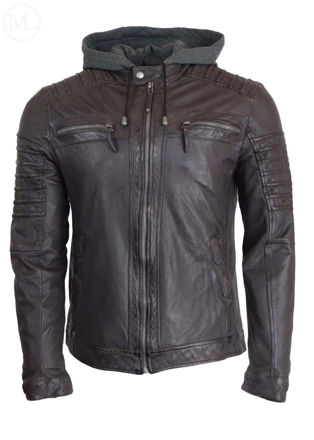 Dark brown leather jacket with a hood on a white background