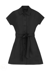 Black  Real Leather dress with a belt on a white background