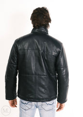 men wearing a black leather down jacket on a white background, back view