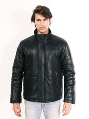 Man wearing a black leather down jacket on a white background