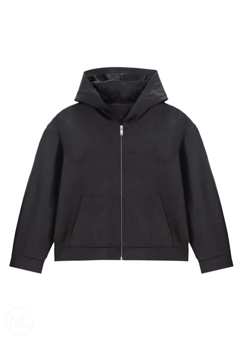Women wearing a black Hoodie jacket against a white background