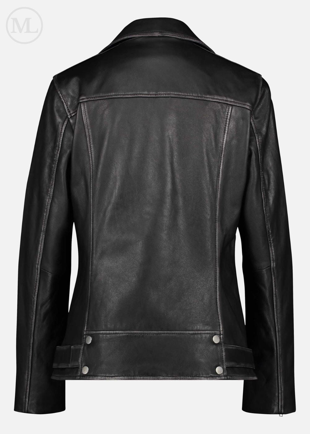 Black leather biker jacket on a white background