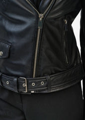 Close-up of a black leather biker jacket with a zipper and belt.