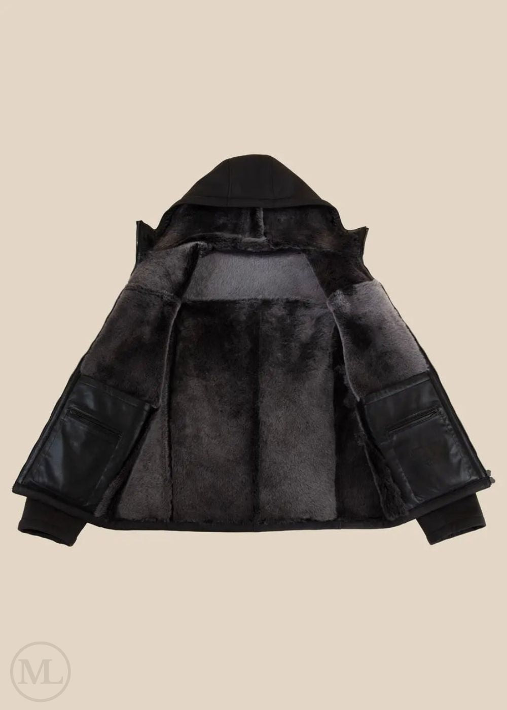 Dark Grey Hooded Shearling jacket with a hood on a beige background