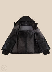 Dark Grey Hooded Shearling jacket with a hood on a beige background