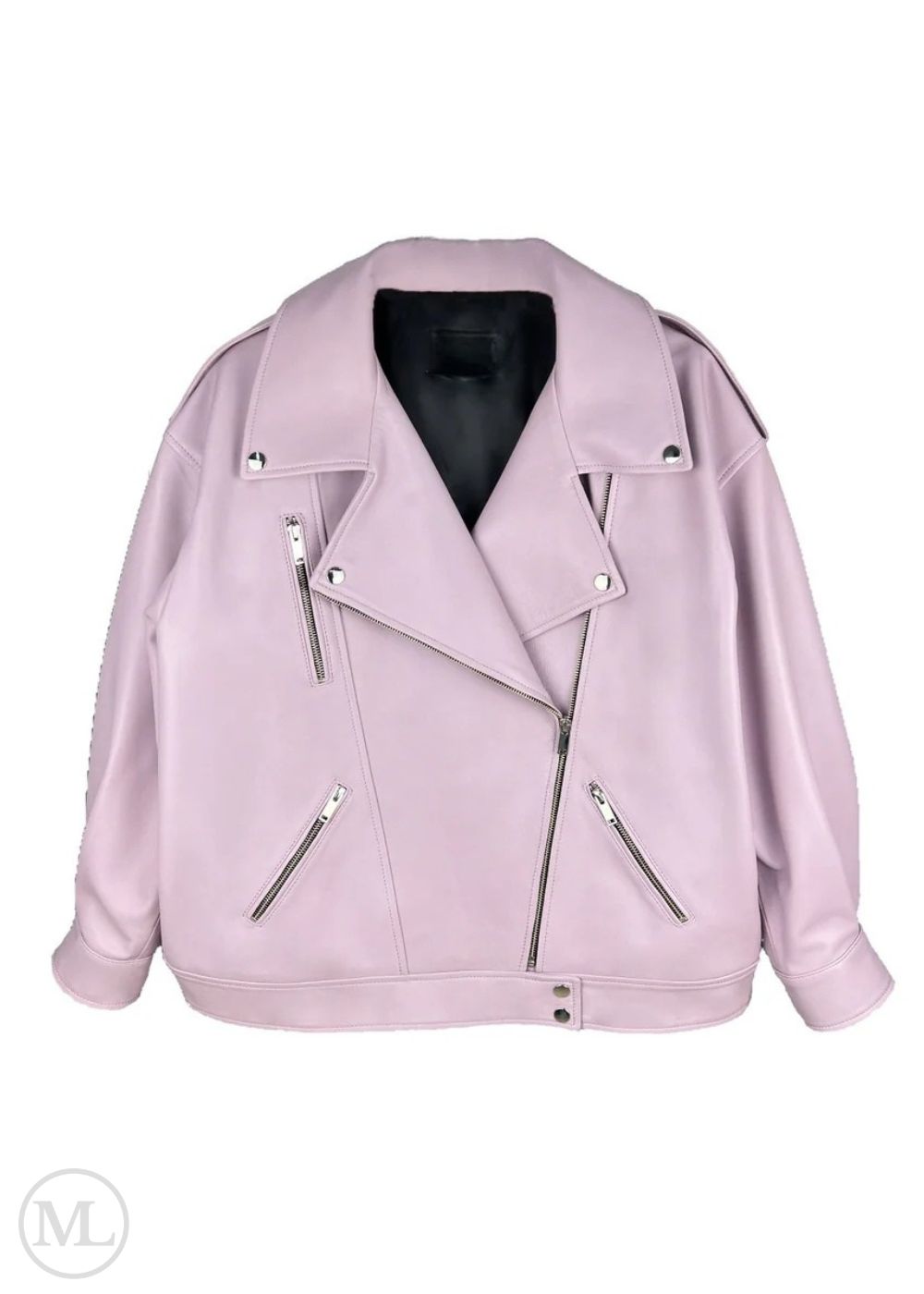 Pink leather biker jacket with zippers on a white background