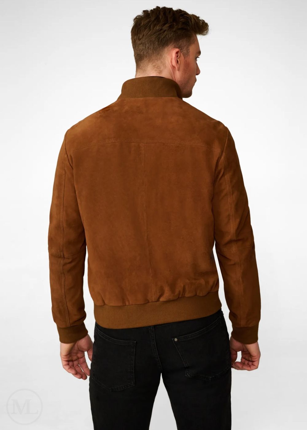 Man wearing a brown suede bomber jacket on a white background