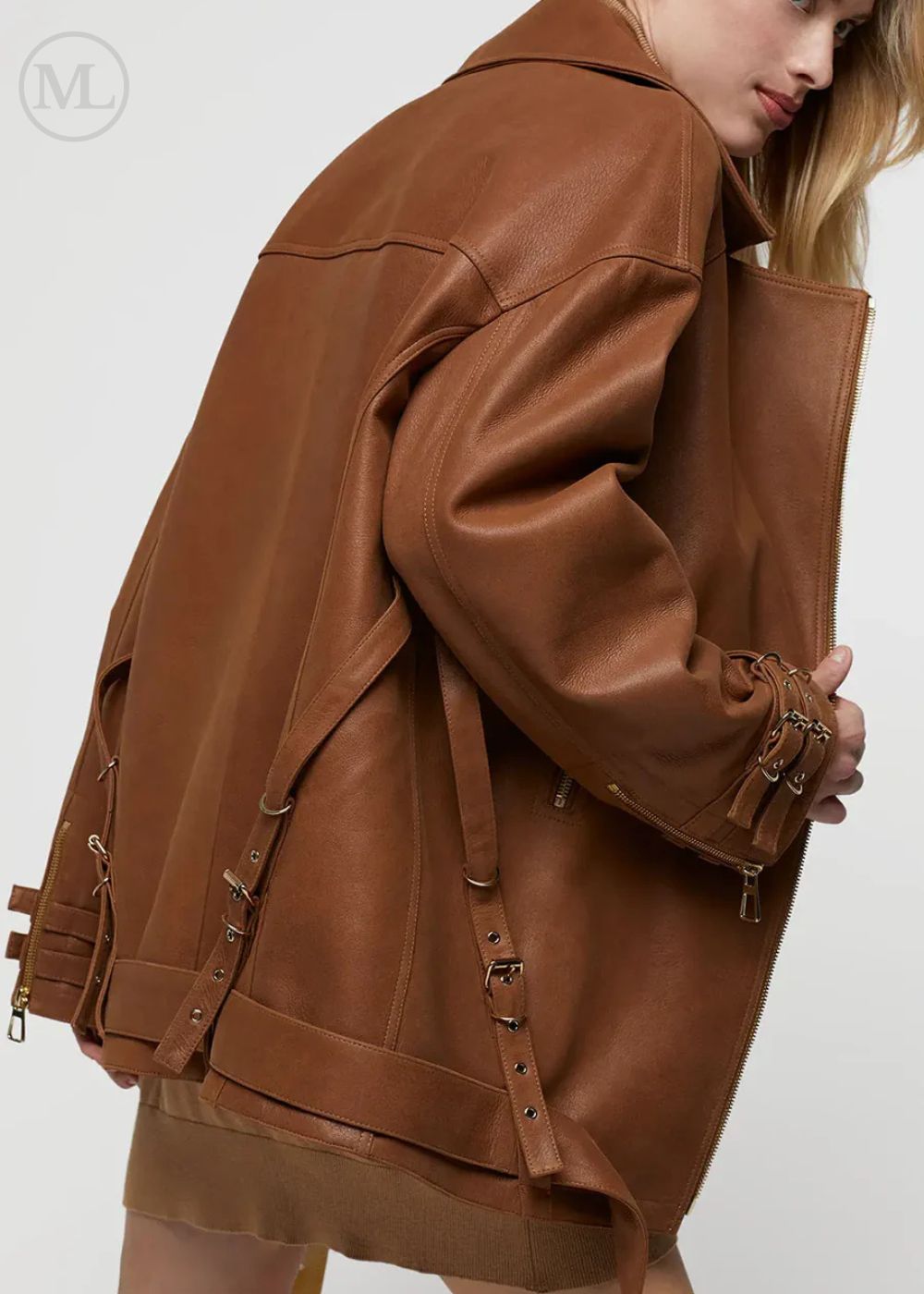 Caramel Brown  leather biker jacket worn by a person on a white background