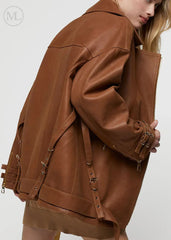 Caramel Brown  leather biker jacket worn by a person on a white background