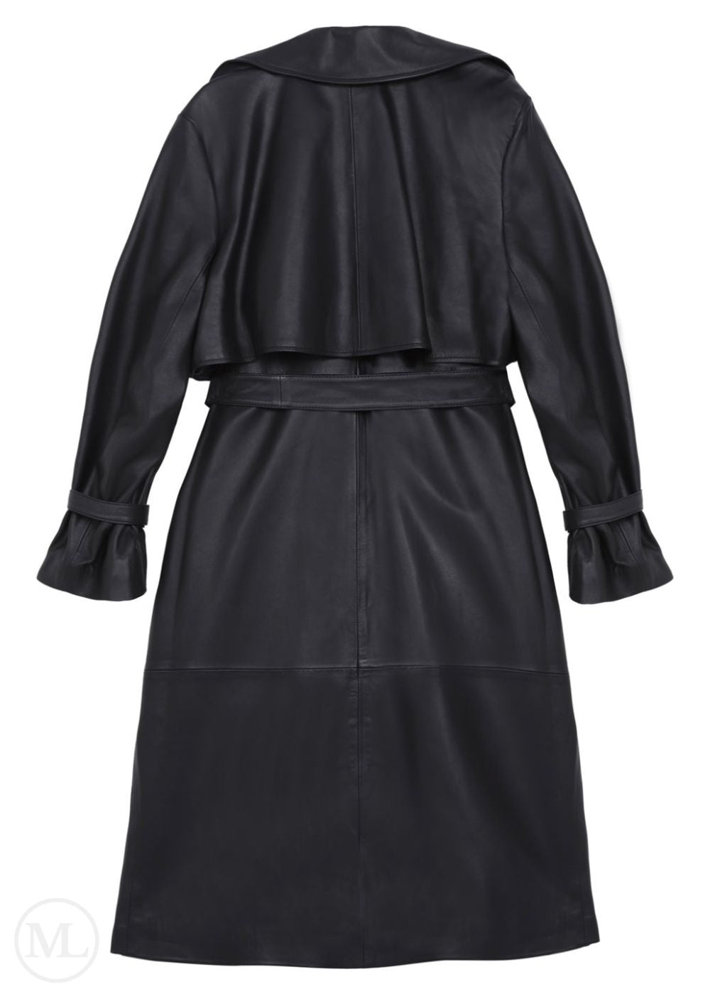 Black leather trench coat with a belt on a white background