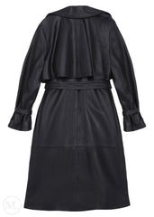 Black leather trench coat with a belt on a white background