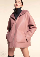 Fuschia leather hooded jacket worn by a model on a beige background