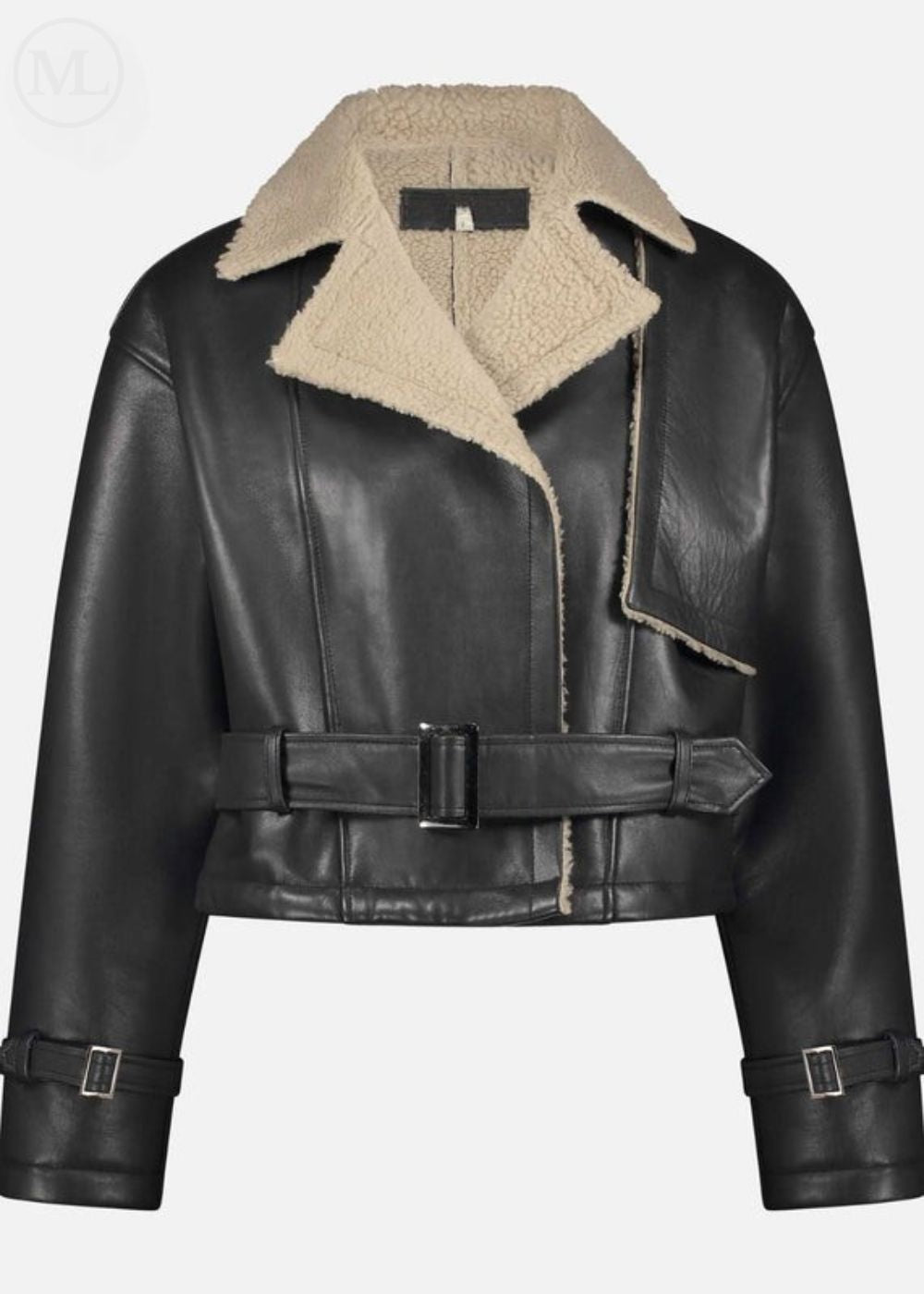 Black aviator leather jacket with beige shearling collar on a white background