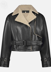 Black aviator leather jacket with beige shearling collar on a white background