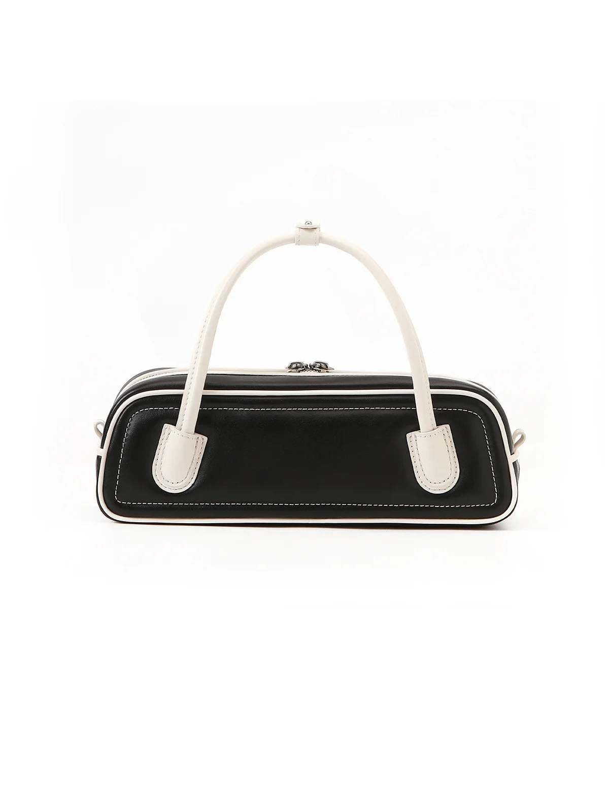 The Celia – Women's Black & Cream Two-Tone Sheepskin Leather Baguette Bag | Structured Top Handle Crossbody